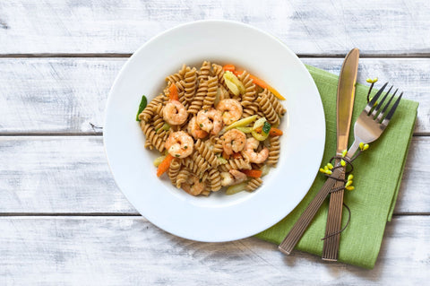 Fusilli integrali alle verdure e mazzancolle