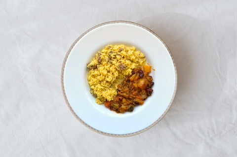 Schiscetta risotto zafferano e salsiccia con verdure