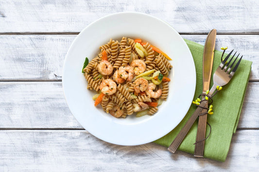 Fusilli integrali alle verdure e mazzancolle