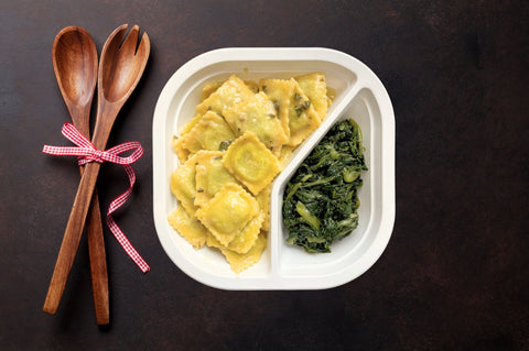 Schiscetta vegetariana ravioli burro e salvia con bieta all'agro